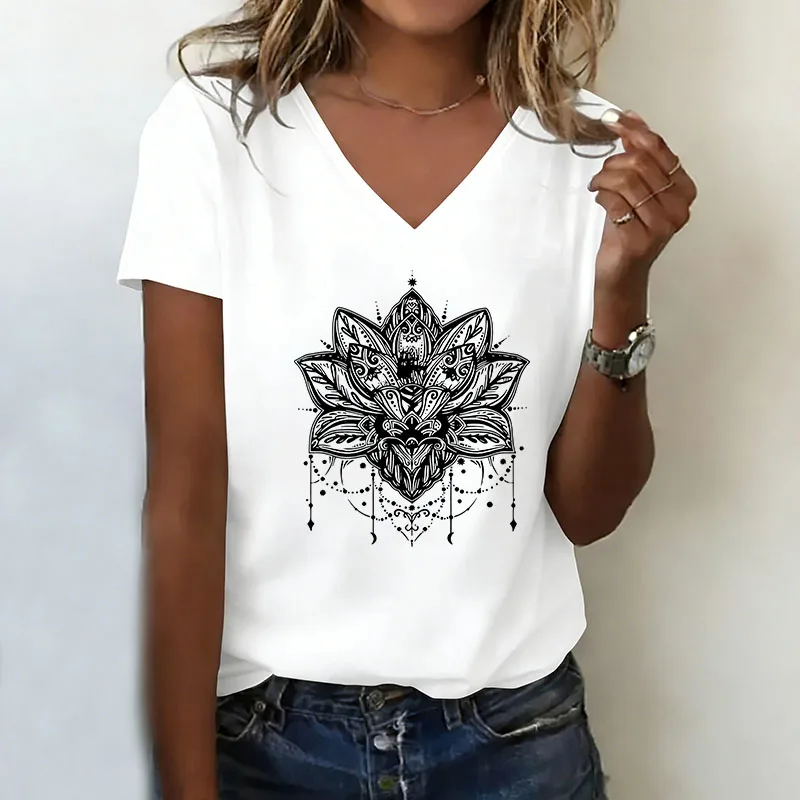 Vintage Art Flower Printed T-shirt V Neck Casual Fashion Y2k T Shirts Women Short Sleeve Tee Shirt V-Neck Summer Spring