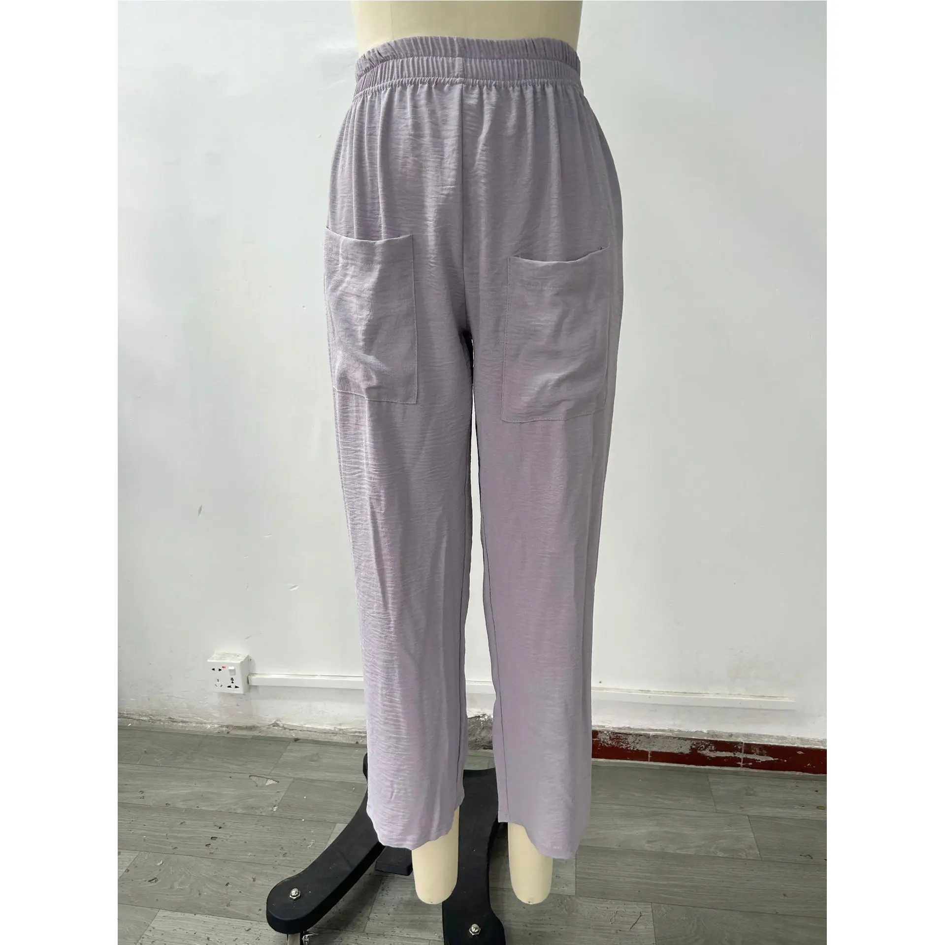 กางเกงลำลองผู้หญิงแบบสบายๆ รุ่น 2024wi ทรงขากว้าง ผ้าโพลีเอสเตอร์ สีพื้น เอวยางยืด พร้อมเชือกผูก