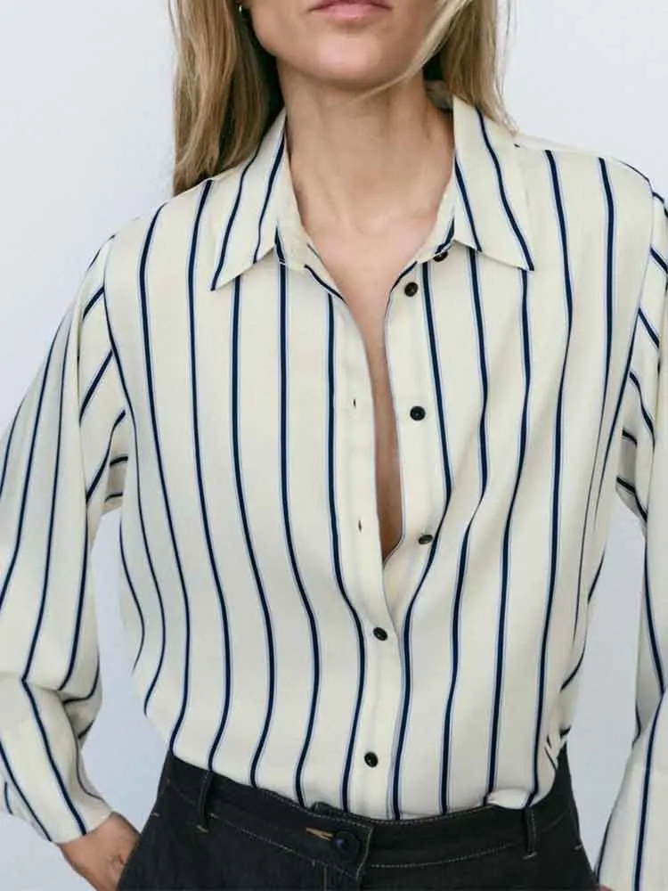 

European style new products Women's clothing all-match wide sleeve stripes all-match lapel drape temperament shirt