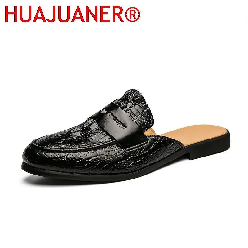 Summer Men Shoes Men Half Slippers High Quality Men Crocodile pattern Leather Casual Shoes Loafers Flip Flops Lightweight Flats