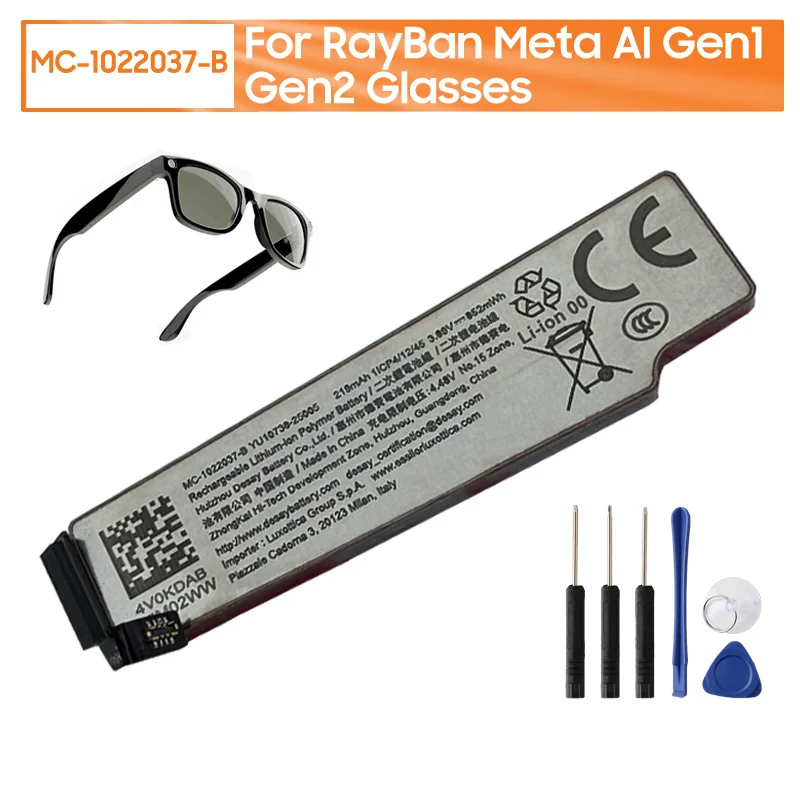 

New Rechargeable Lithium Battery MC-1022037-B For RayBan Meta AI Gen1 Gen2 Wayfarer Headliner Skyler Optics AI Glasses 219mAh