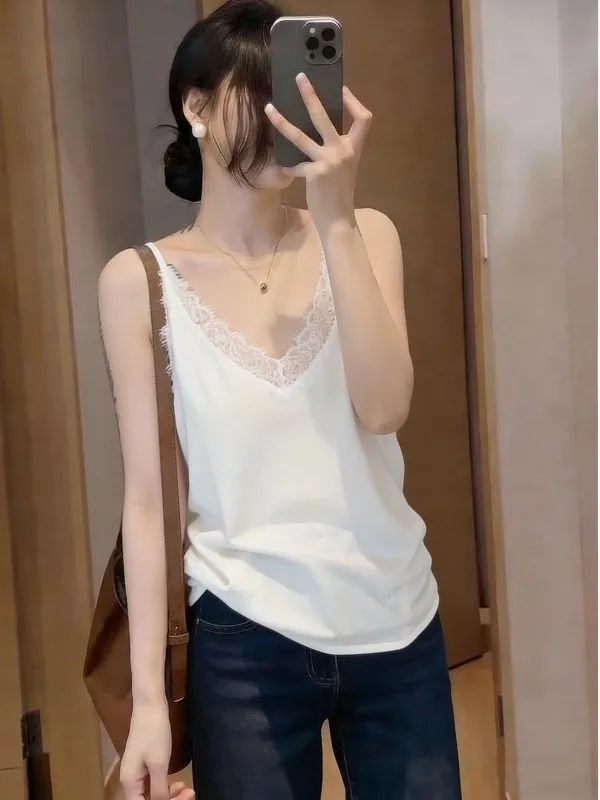 

Lace Trim V-Neck Shoulder-Length Strap Vest Women's Summer New Outerwear Base Shirt plus Size Commute Style Casual Pure Color