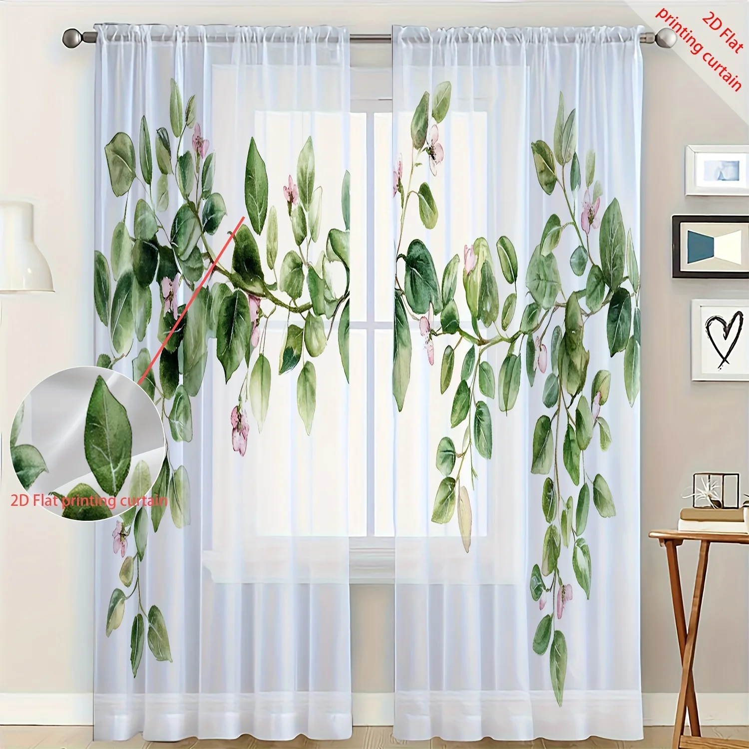 2 Stück transparente Vorhänge, weiß und grün, mit kaskadenförmigem Muster aus weißen Rosen und Blättern, geeignet für Schlafzimmer und Wohnzimmer