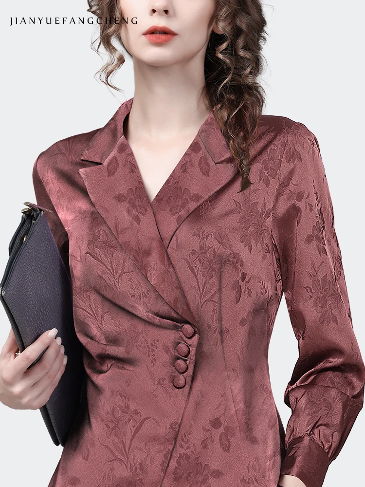 Vintage Jacquard Women Suit Collar Floral Shirt 2023 Autumn New Long Sleeve Elegant Slim Button-down Tops Fashion Office Blouses