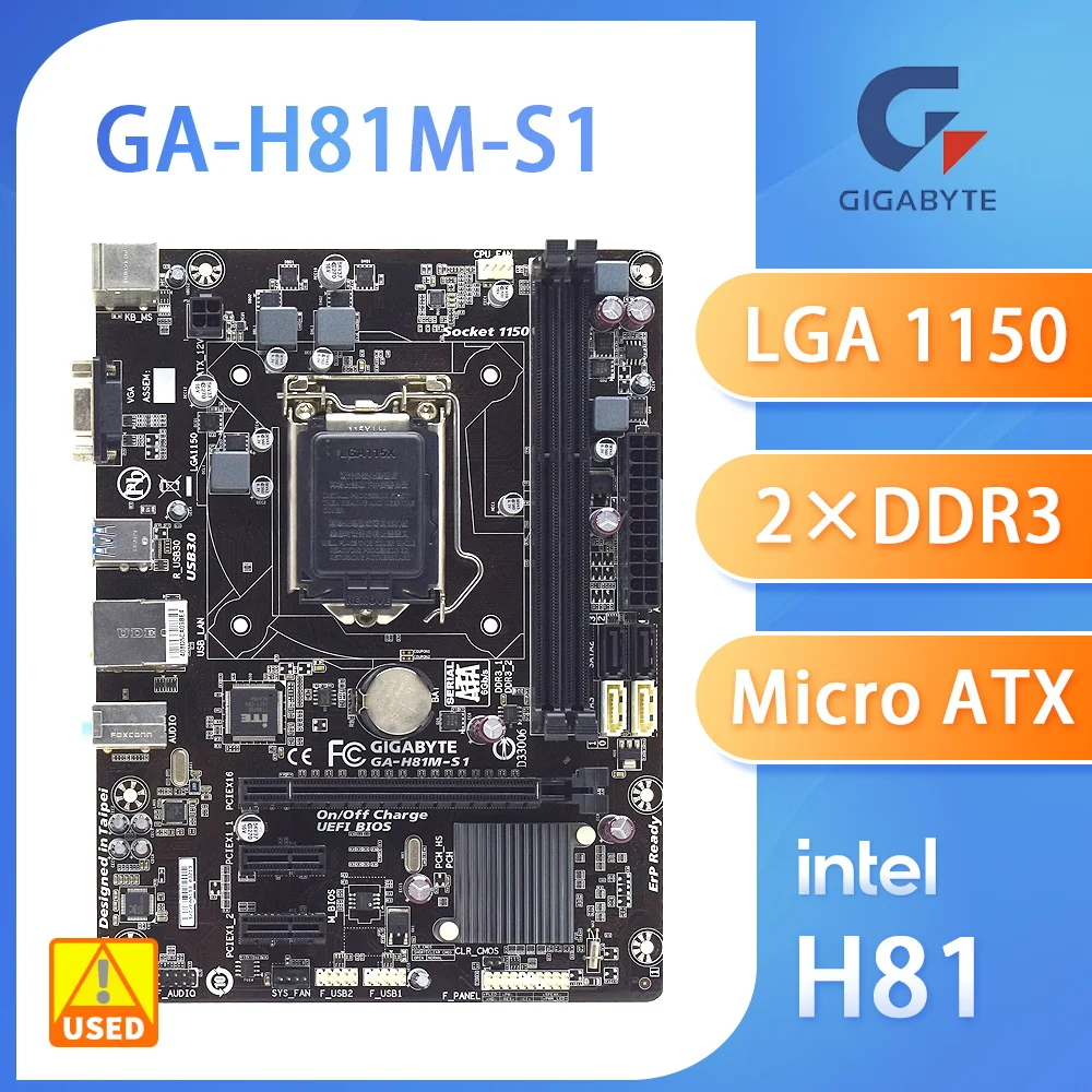 

Б/у, Gigabyte GA-H81M-S1, материнская плата LGA1150, набор микросхем Intel H81 поддерживает Core i7-4790K i5-4690 DDR3 16 ГБ Micro ATX.