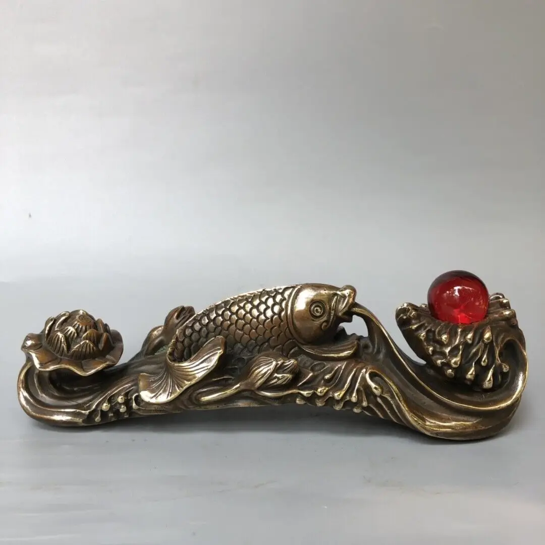 

Collect Chinese feng shui copper handcarven lotus fish exquisite RU yi statue