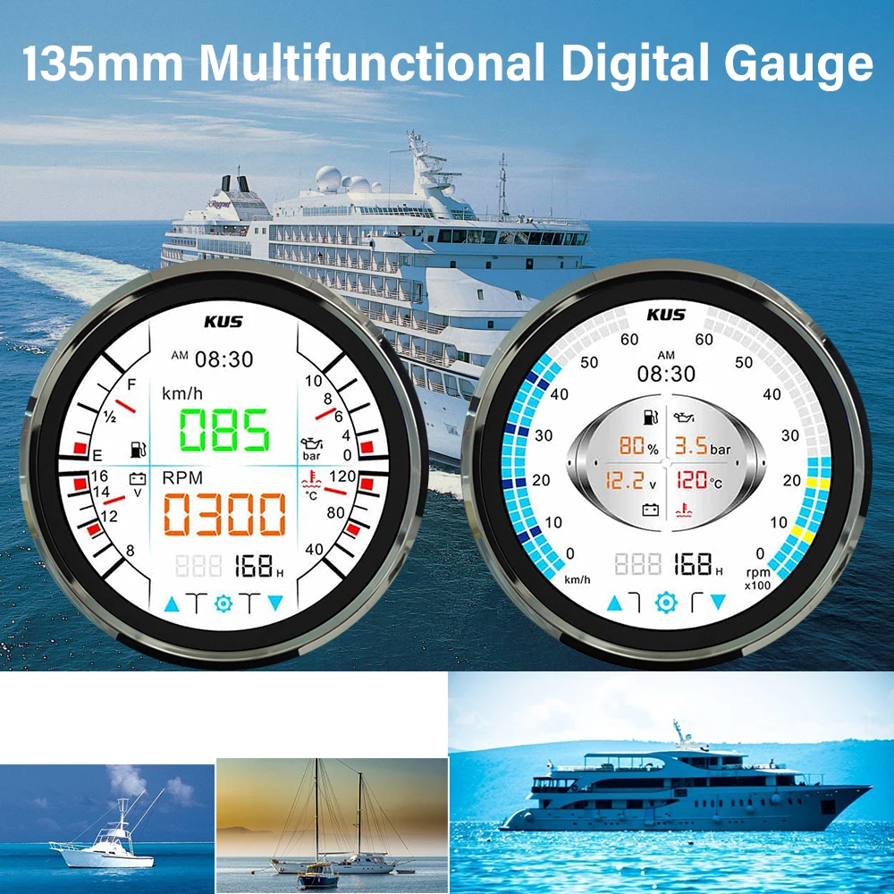 KUS 135mm Gauge Digital GPS Speedometer Tachometer Fuel Level Meter Oil Pressure Water Temperature Meter NMEA2000 J1939 Signal
