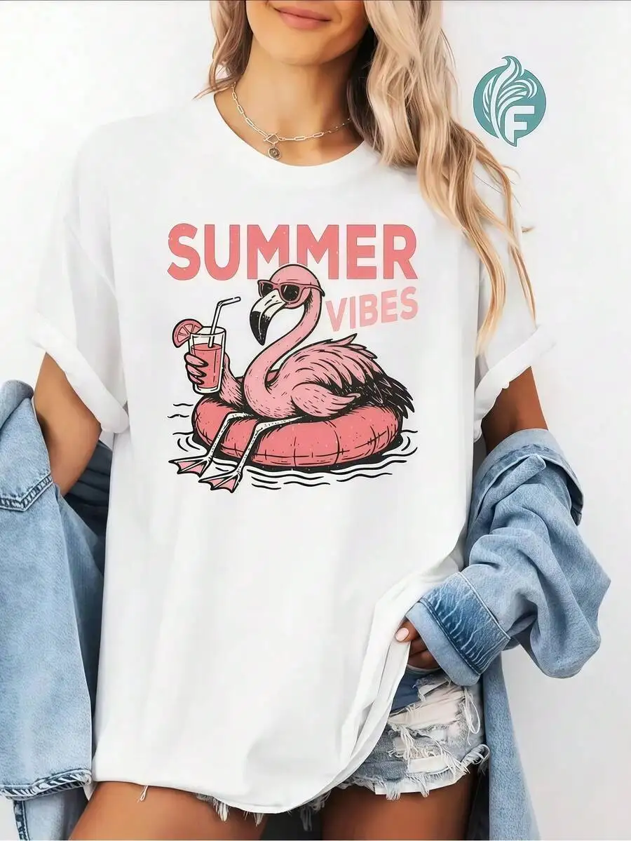 Vacation‑Vibe Women Short‑Sleeve T‑Shirt Crew Neck Flamingo Vibes Pattern Print White Summer Daily Wear Tops
