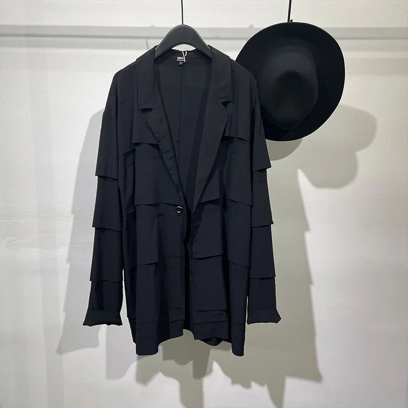 

Dark Designer Three-Dimensional Stitching Edging Loose Mid-Length Coat Street Style Ruffle Handsome Stylish Flow