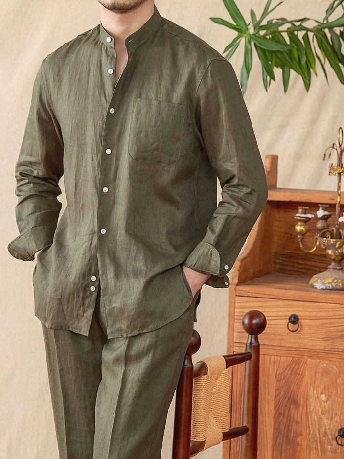 

Cotton Linen irt Set Men's Long Sve Stand Collar Linen Breathable Rope Waist Long Pants Two Piece Set Trendy
