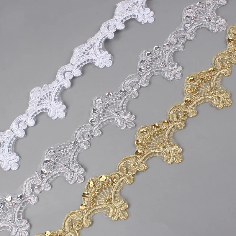 15Yards bridal fancy white gold silver polyester Border Sequins Voile Lace trim Mesh Lace trim Embroidery Wedding Lace trim