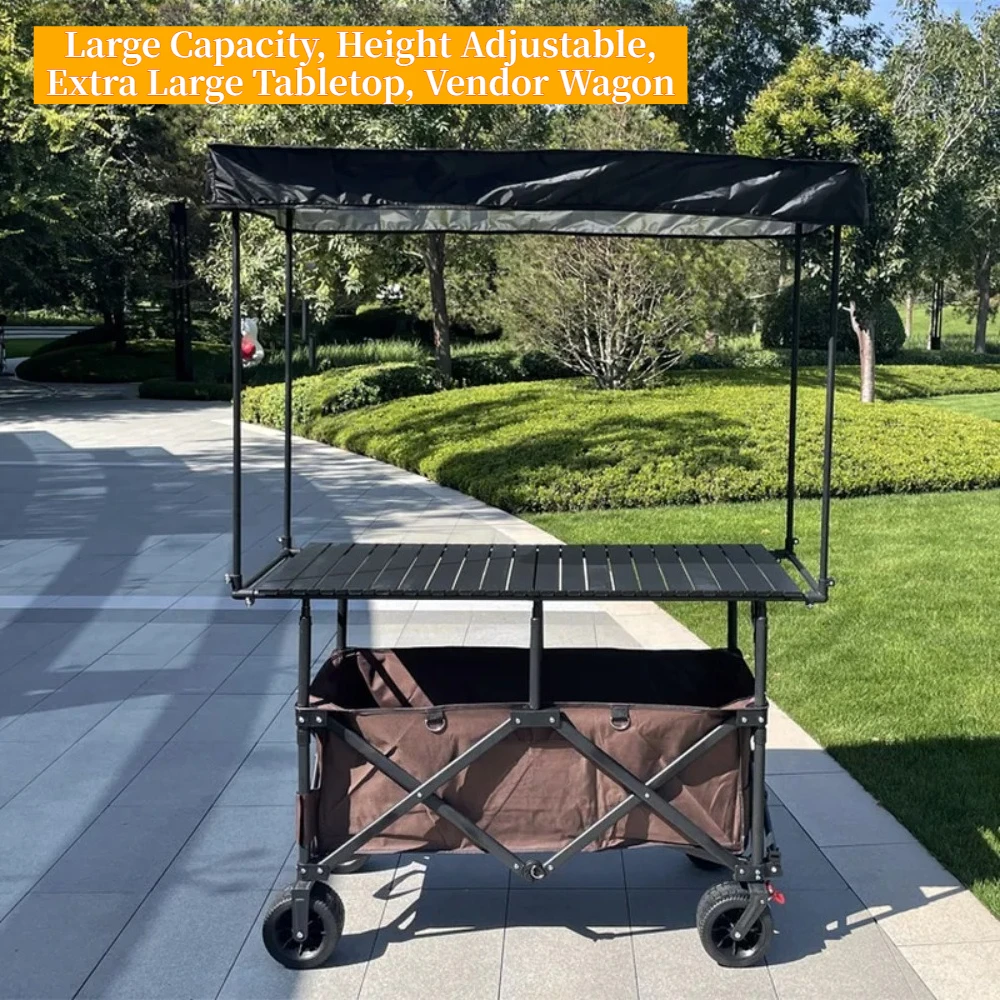 Foldable Food Cart with Large Table and Awning Portable Street Vendor Stall for Night Market Snack Booth Mobile Push Cart