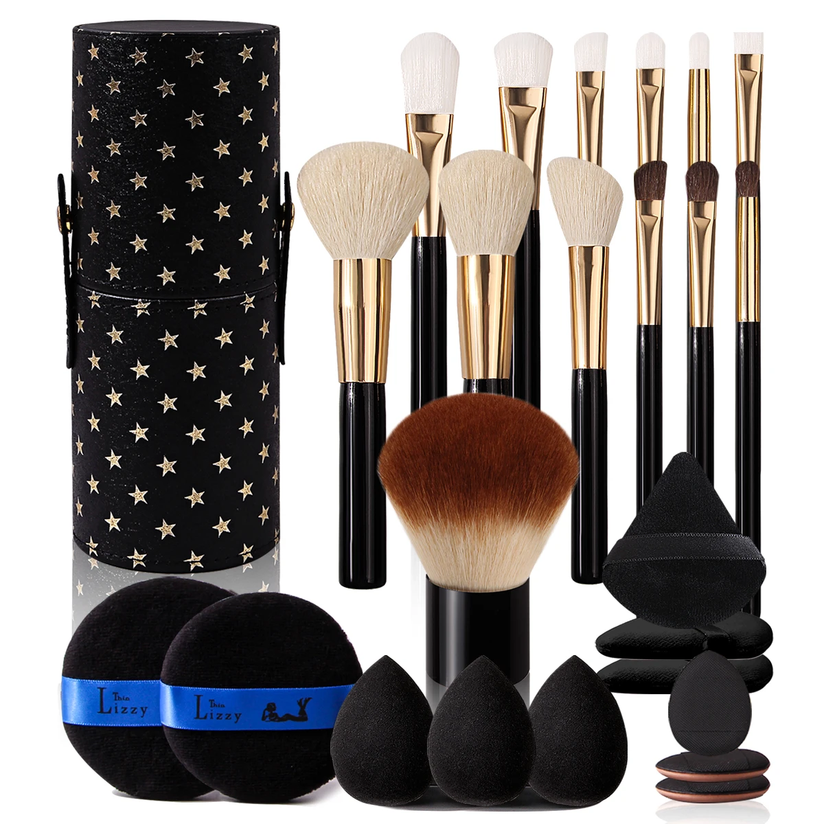 25PCS high-end beginner makeup brush set 12 makeup brush sets +11pcs sponge set +1pcs mushroom head brush +1pcs storage bucket