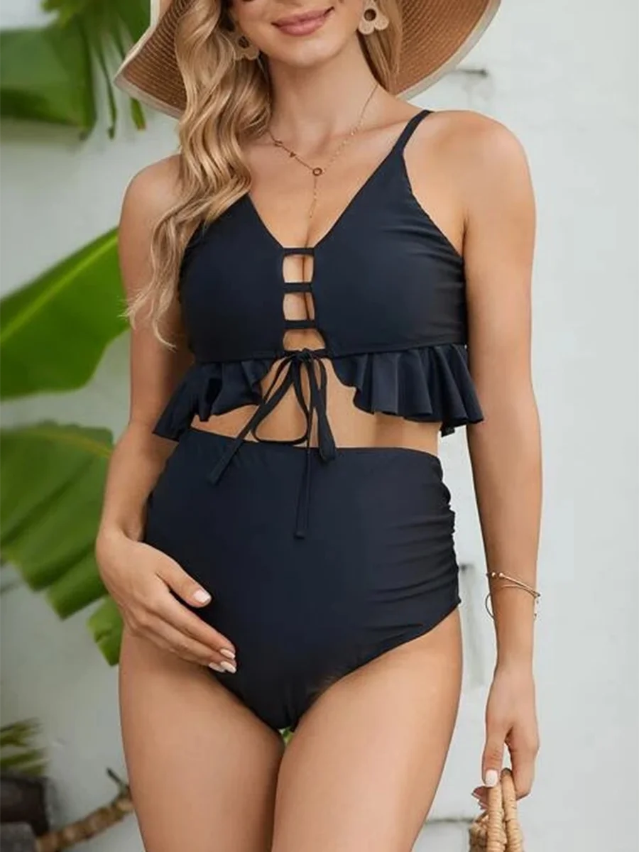 2024 Pregnant Swimsuit Women High Waist Black Swimwear Female Ruffle Bathers Bathing Swimming Swim Suit Beachwear