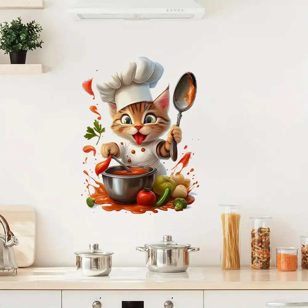 Removable Cartoon Cat Mouse Chef Cat Kitchen Decal Self-adhesive PVC Wall Sticker Waterproof Decorative Sticker Home Decoration