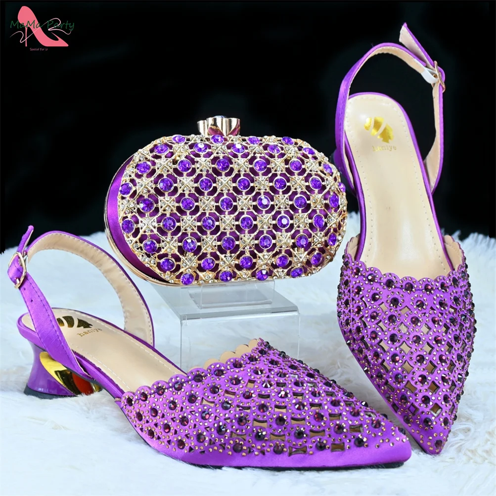 2024 Fashion Magazine Hollow Design Noble and Elegant Italian Women's Low Heeled Shoes Paired with Evening Bags in Purple Color