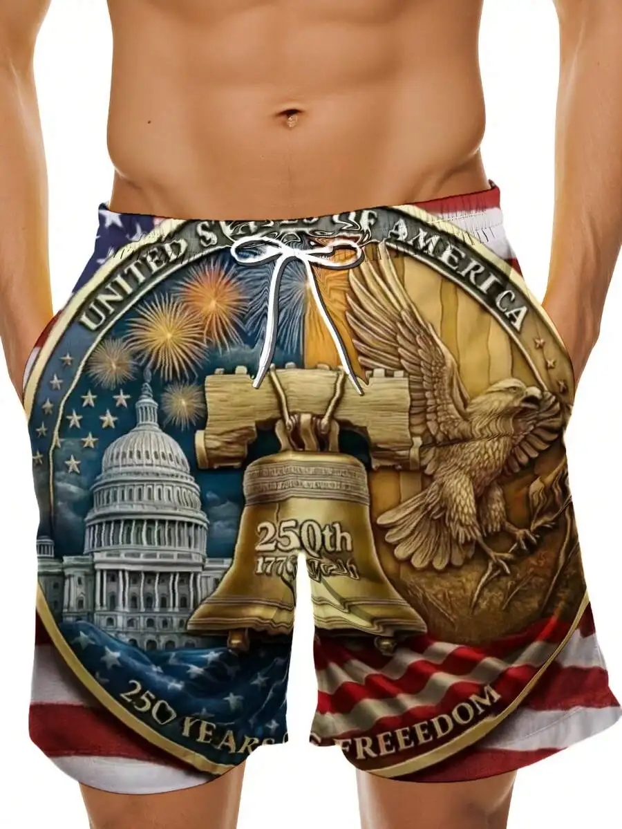 Mens Patriotic 250th Independence Day Celebration Swim Trunks Beach Shorts 3D Printed American Flag Design