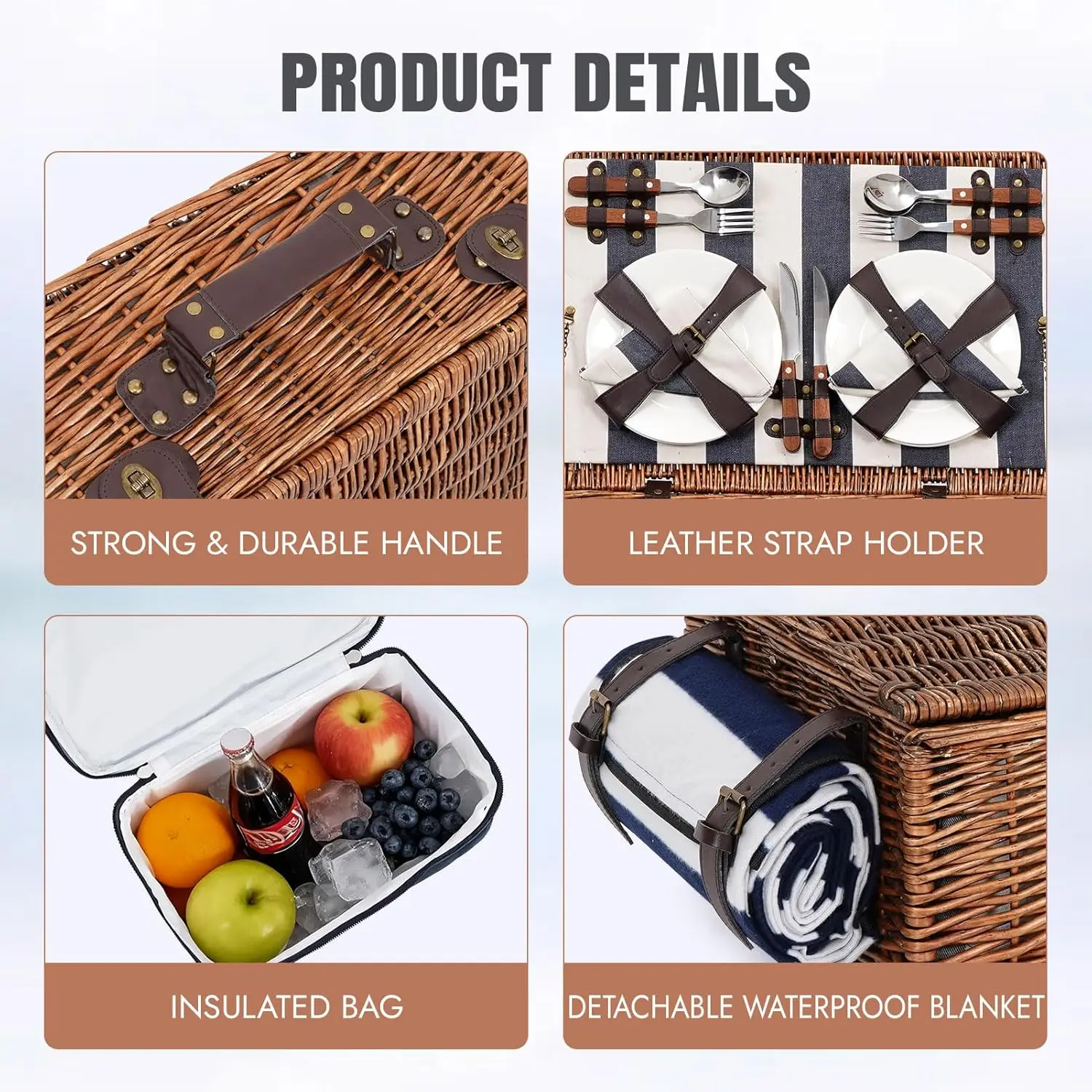 سلة نزهة صفصاف كبيرة جدًا تتسع لـ 4 أشخاص أو أكثر، 22.85 بوصة × 15.35 بوصة مجموعة سلة نزهة من الخيزران الطبيعي المصنوع يدويًا #3