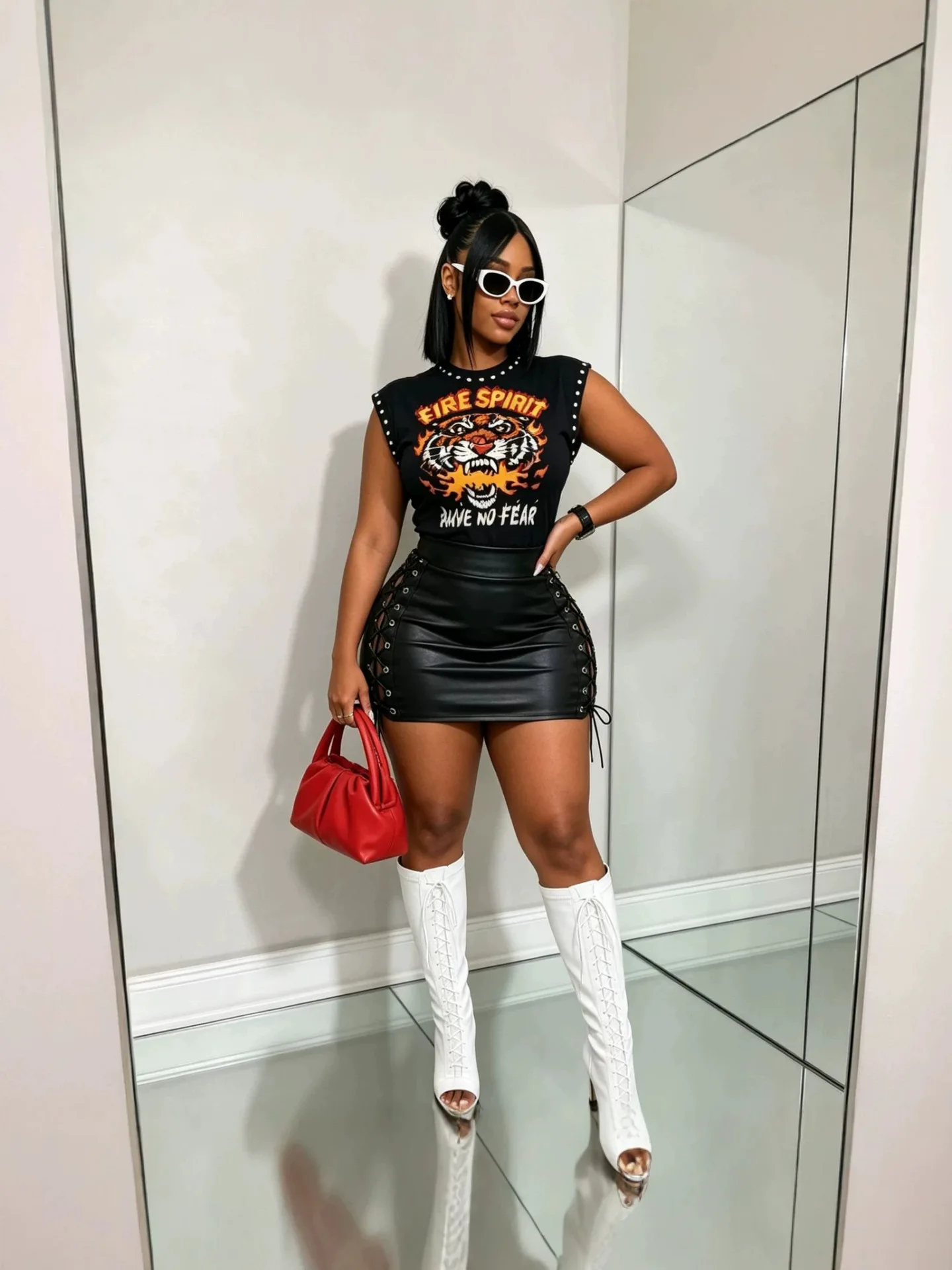 STYLISH LADY Y2K Two Piece Set Tiger Print Studded Sleeveless Top High Waist Lace Up PU Leather Bodycon Mini Skirt Outfits view 5