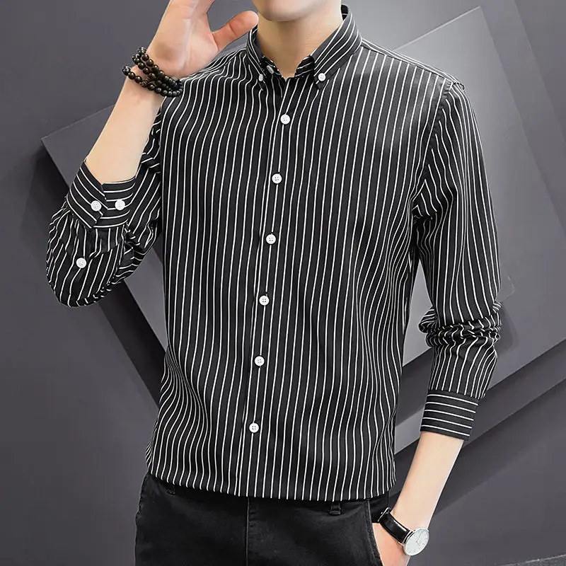 Spring Autumn New Fashion Turn-down Collar Long Sleeve Striped Blouse Men\'s Clothing Casual Korean All-match Youth Loose Shirts