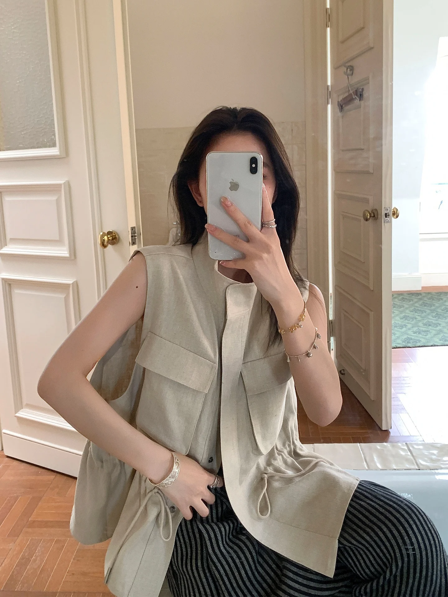 

Женский льняной жилет TWINS French Sle, свободный крой, воротник-стойка, универсальный, для повседневной носки, средней длины, на молнии