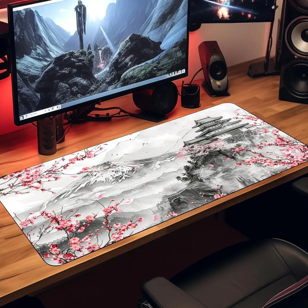 Malerische Kirschblüten und Fuji-Landschafts-Tuschemalerei, bemaltes Mauspad, Spielpad, PC-Zubehör, Tastaturverlängerung, Mauspad