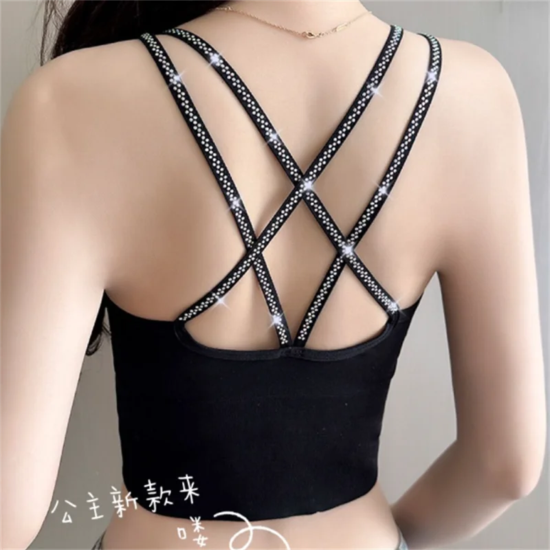 Sexy Halter Top Women Camisole Sleeveless Top Gathering Diamond Back Underwear Steel Ring Latex Chest Mat Diamond Sling Top