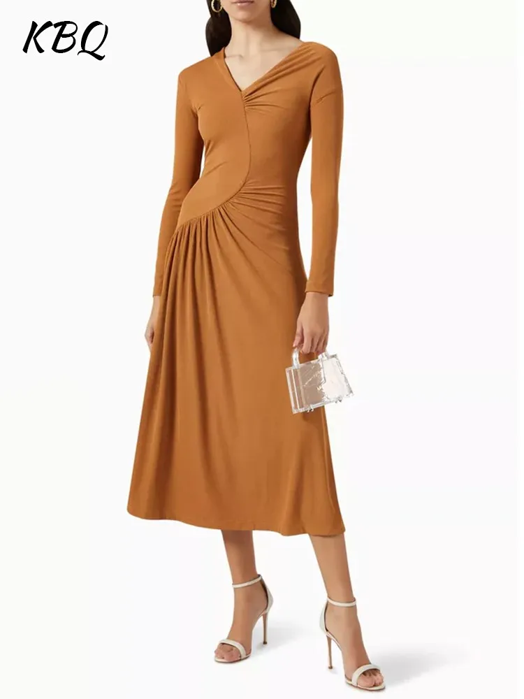 

KBQ Asymmetrical Folds Solid Elegant Dress For Women V Neck Long Sleeve High Waist Spliced Zipper Slimming A Line Dresses Female