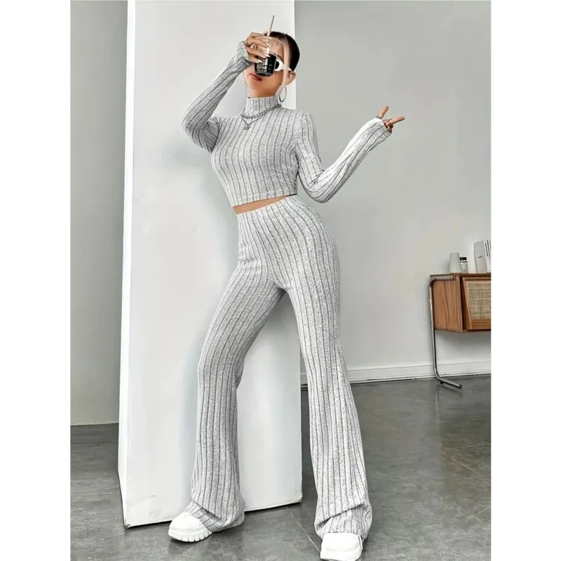 Autumn Winter Knit Ribbed Two Piece Sets Women's High Neck Long Sleeve Cropped Top High Waist Bell Bottom Pants Slim Outfit