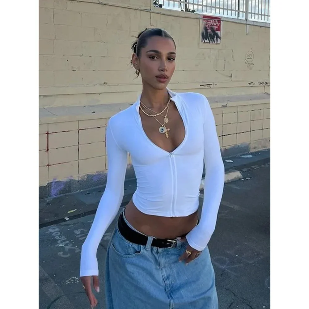 Summer Sexy Club Tees Zipper Tshirts Women Solid Tops Fashion Long Sleeveless V-Neck Streetwear Mini Slim Tops