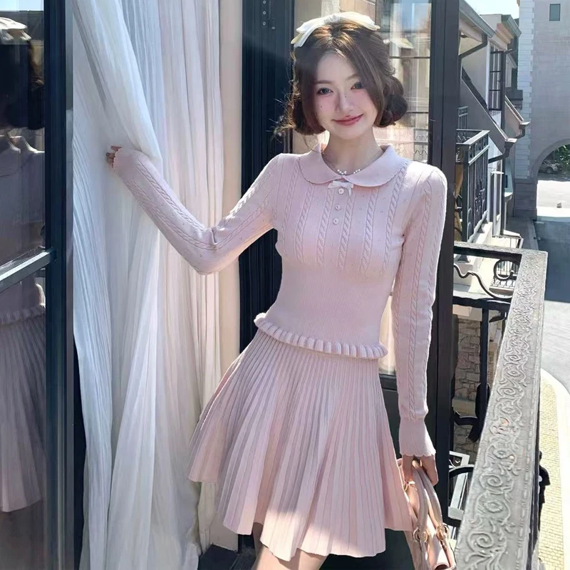 

Spring Korean New Knitted Suit Women Sweet Peter Pan Collar Long Sleeve Pullover Tops + Mini Pleated Skirt Fashion Two piece Set
