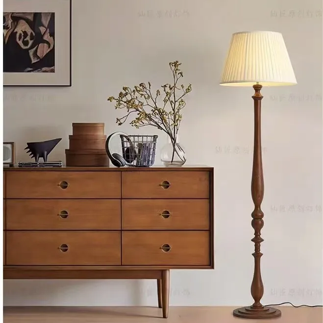 Vintage-style Floor Standing Lamps for Living Room Beside Sofa side Walnut-coloured Solid Wood Mood Lamp for Bedroom Study