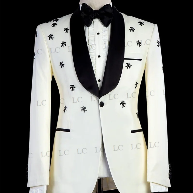 

One Piece Blazer One Button Men Suits Satin Lapel Tuxedo Beadings High Fashion Party Wear Prom Wedding Groom Plus Size Custom