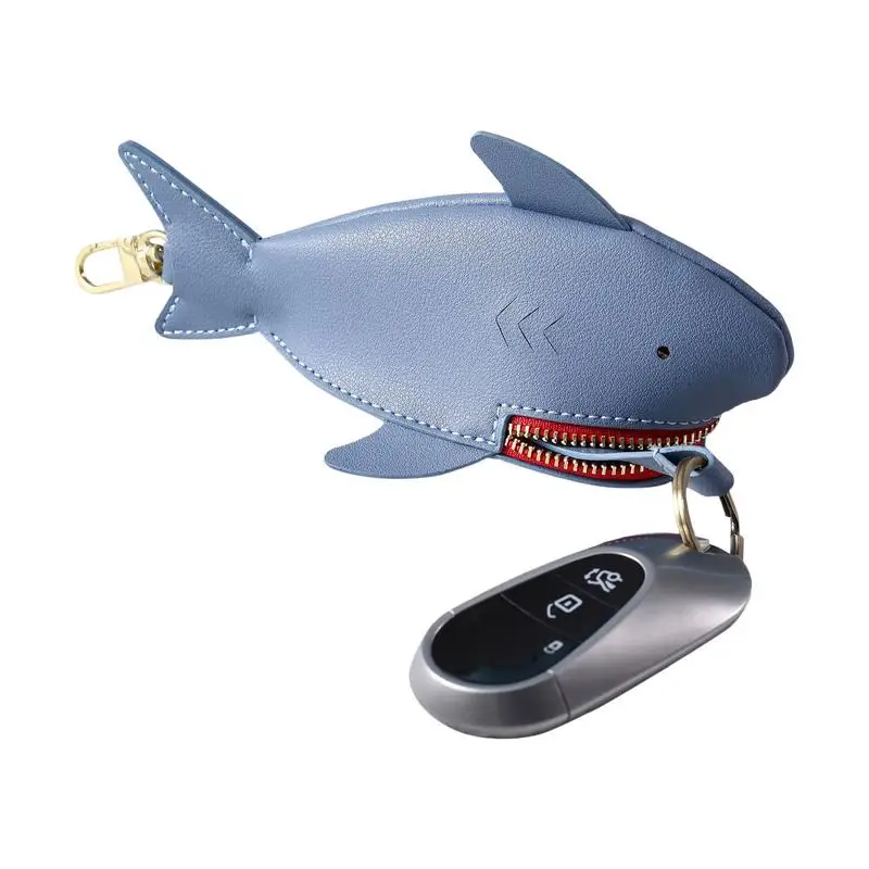 Cute Blue Shark Keychain Holder Bag Decoration Pu Shark Coin Purse Animal Zipper Keyring Hanging Pendant Change Purse