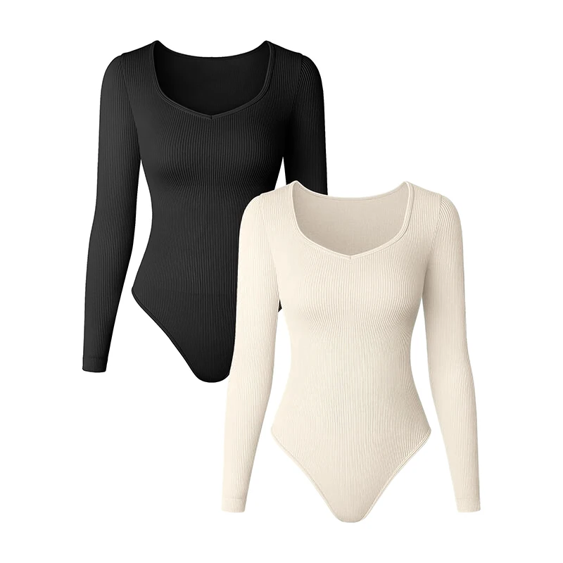 

Women's Staly Bodysuits Sexy Ribbed Long Sleeve Solid Tops Bodysuits Tight-fitting Bottomed Shirt