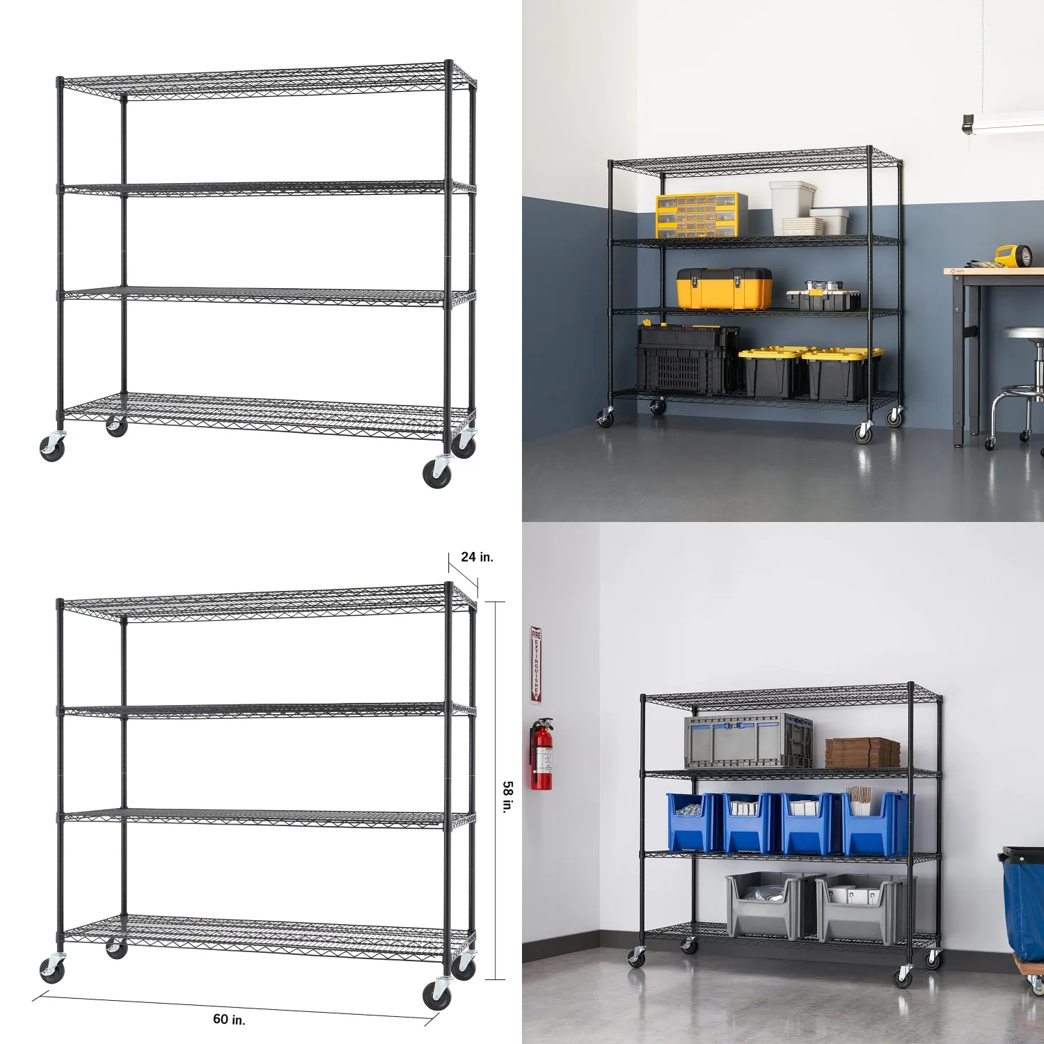 

4-Tier Adjustable Wire Shelving Unit with Wheels for Kitchen Garage Laundry 600-1800lb 60x24x54 Customized