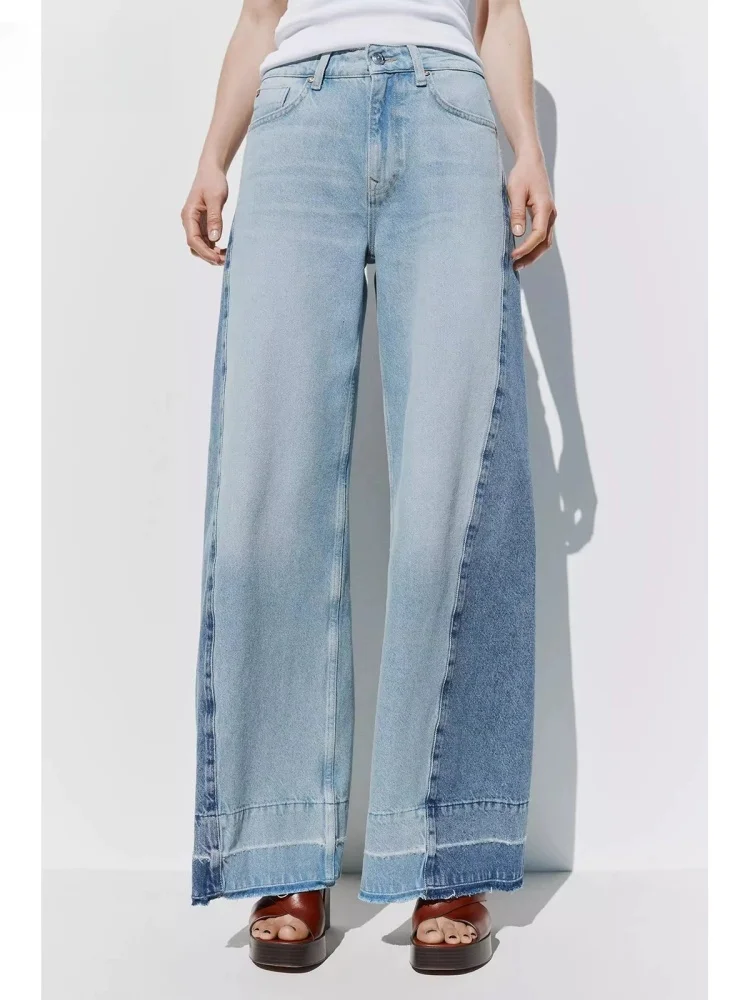 

2025 Ropa Y2K Fashion Contrast Patchwork Vintage Blue Baggy Jeans Pants For Women Clothing Straight Lady Elegant Denim Trousers