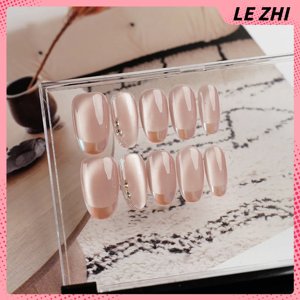 10Pcs Cartoon Fall Winter Short Square Full Cover Art Fake Nail Cat Eye Gold Magic Mirror Powder Glitter Diamond Press On Nails