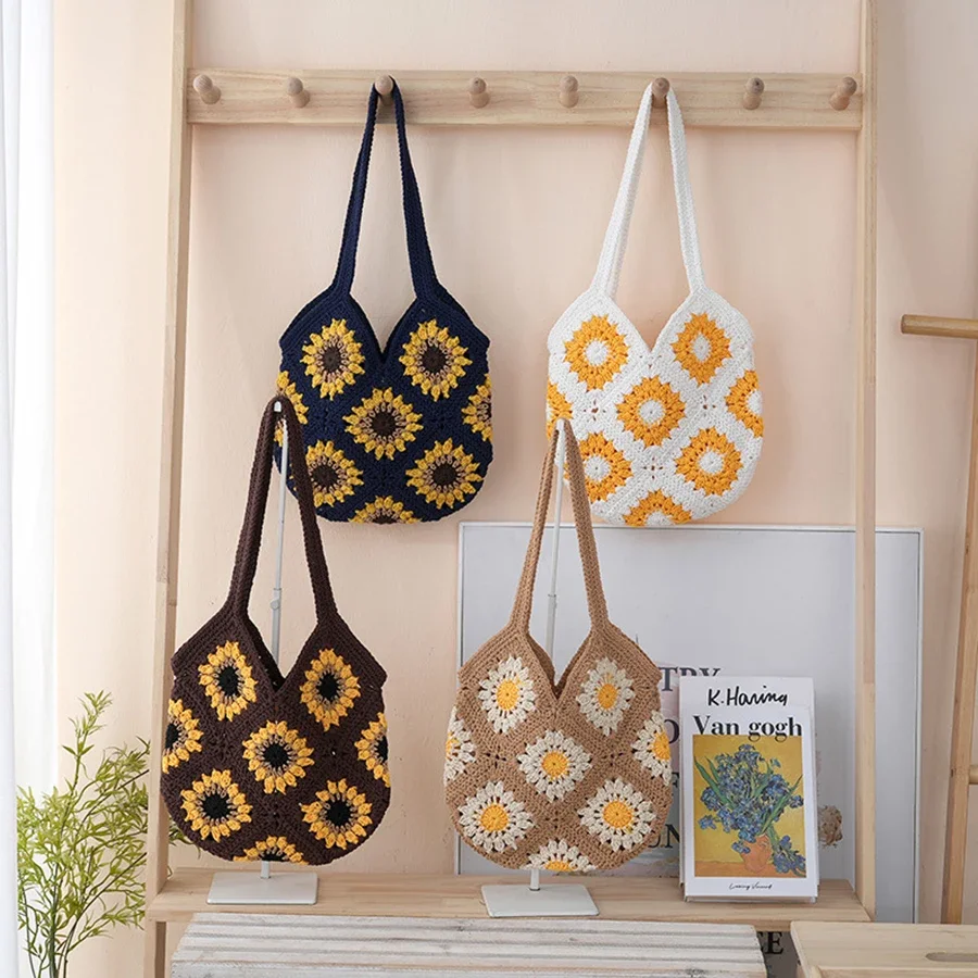 

Handmade Knitted Yarn Crossbody Bag DIY Women's Shoulder Bag Soft Texture College Style Open Top Yarn Bags Craft Supplies