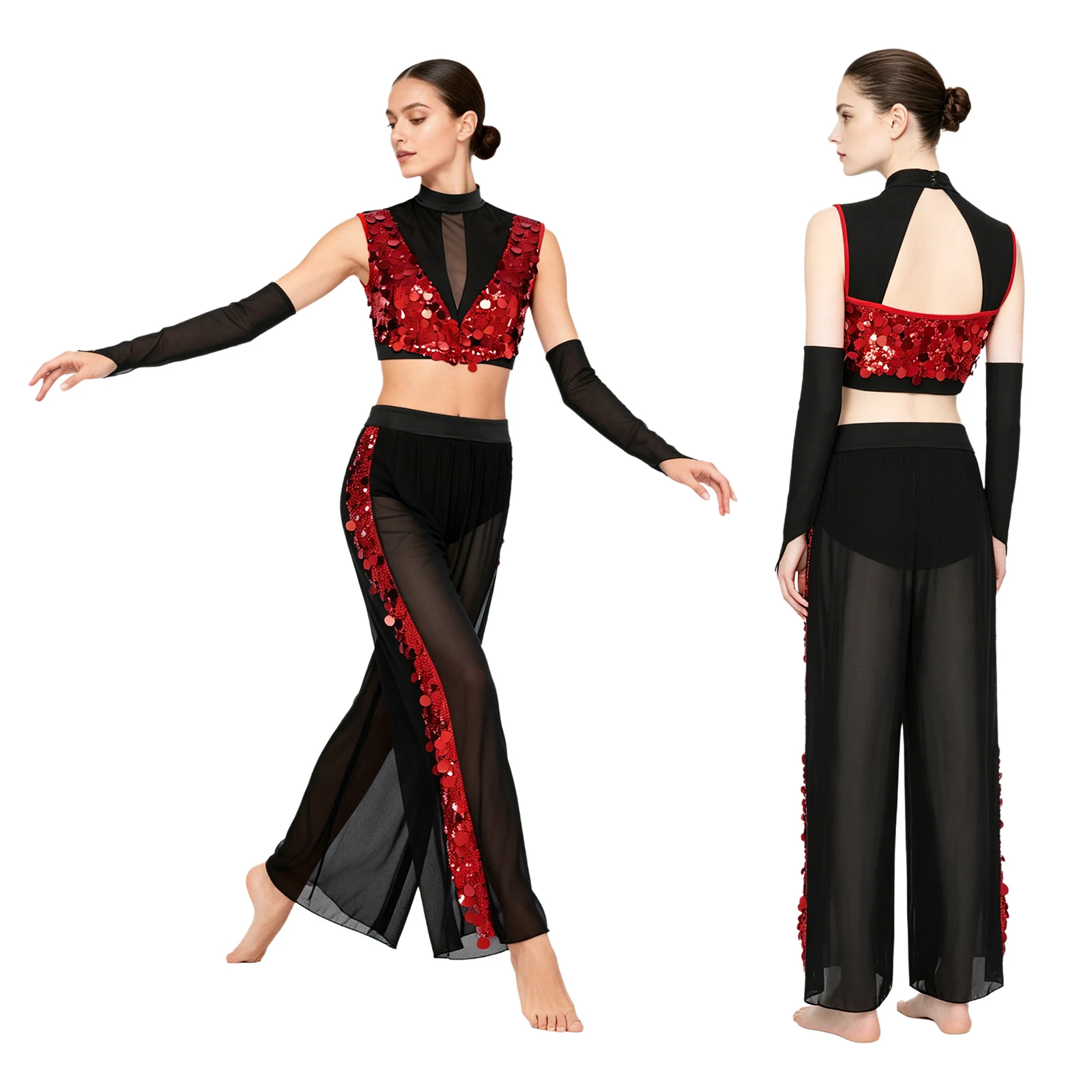

Women Modern Lyrical Dance Outfit Shiny Sequin Crop Top with Mesh Pants Built-in Briefs Gloves for Skating Gymnastics Ballet
