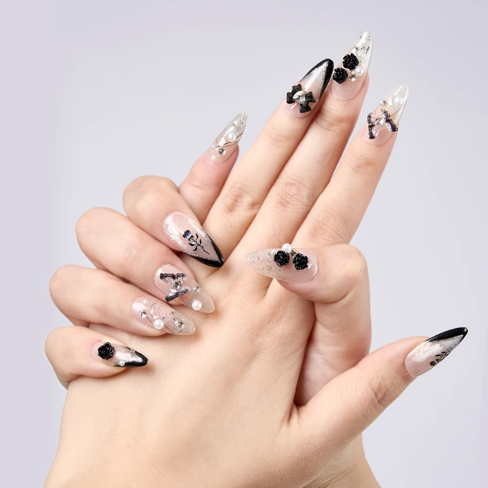 10PCS/Set Handmade Press on Nail Set Chic Black Camellia and Bowknot with Rhinestone Pearls Glossy Medium Almond French Falsies