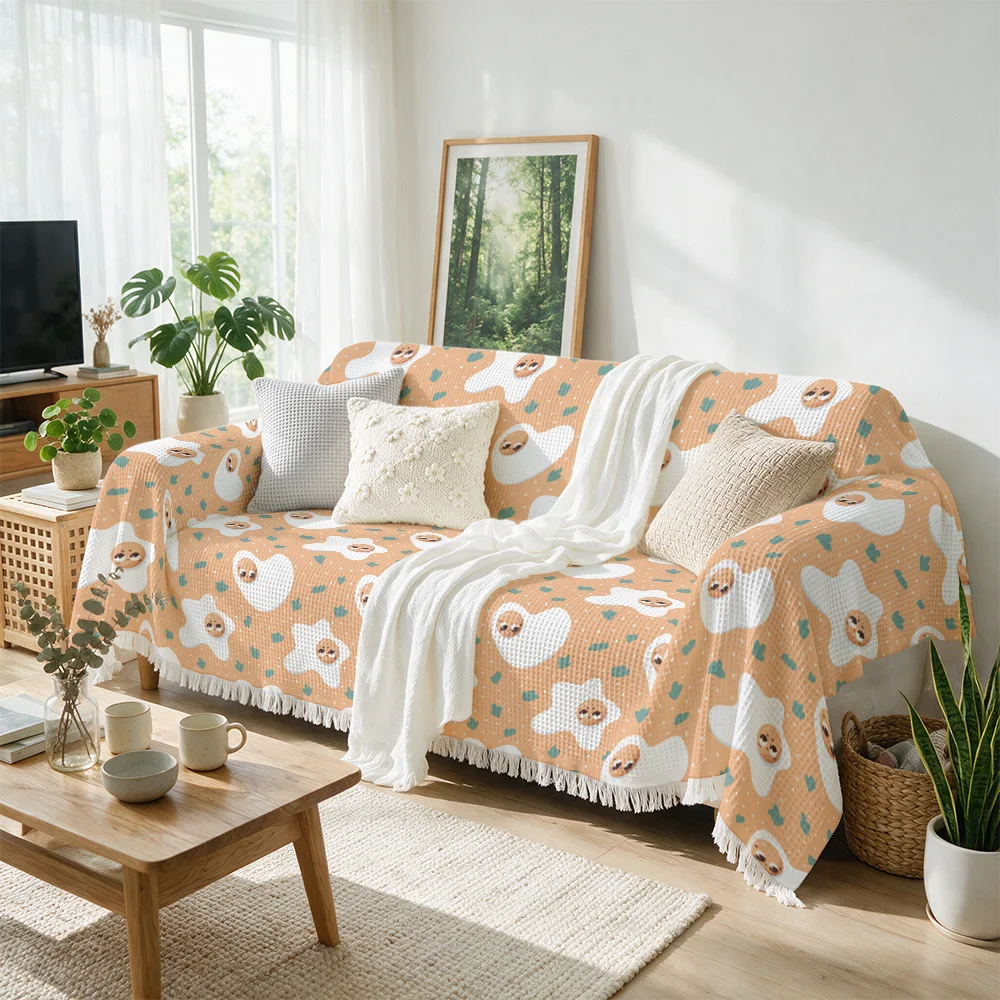 Cute Cartoon Sofa Throw Blanket Cover Beige Pattern Cozy Decorative Throw for Couch Seating Area Living Room Home Decor Accent D