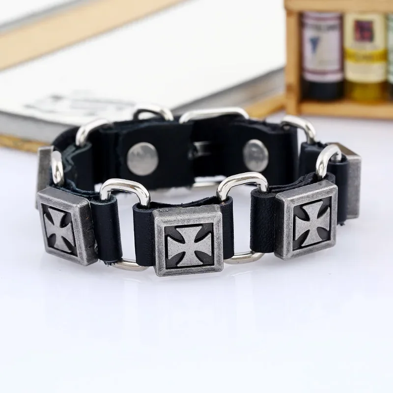 Cross Leather Men's Bracelet Knights Templar Iron Bangles Fashion Wristband for Men Him Punk Jewelry