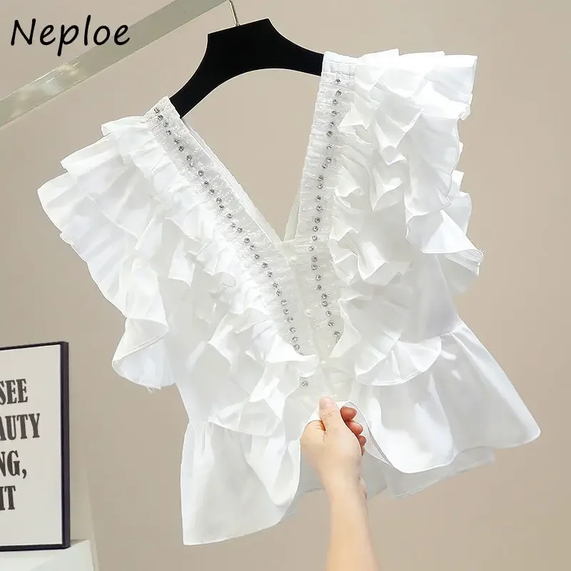 Neploe Pleated Rhinestone New Blusas V-neck Layered Ruffled Flying Sleeve Slim Waist Shirts Women's Spring French Style Blouses