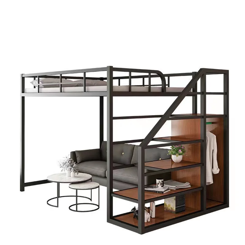 Small apartment duplex upper bunk iron bed second-floor loft double-layer multi-functional wrought iron bed