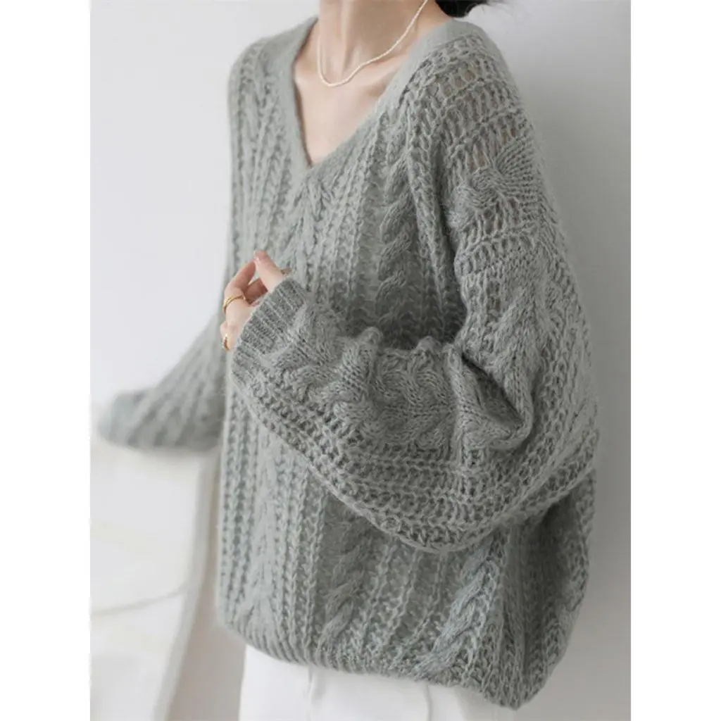 Damen-Pullover im französischen Stil mit V-Ausschnitt und hohlem Strickpullover, elegant, frühes Frühlings-Herbst-Winter-Basisschichthemd, westliche Top-Kleidung