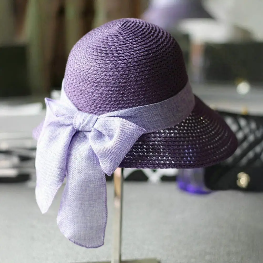 Summer Straw Hat Stylish Women's Beach Hat with Large Brim Sun Protection Elegant Lace-up Bowknot Detail for Daily for Women