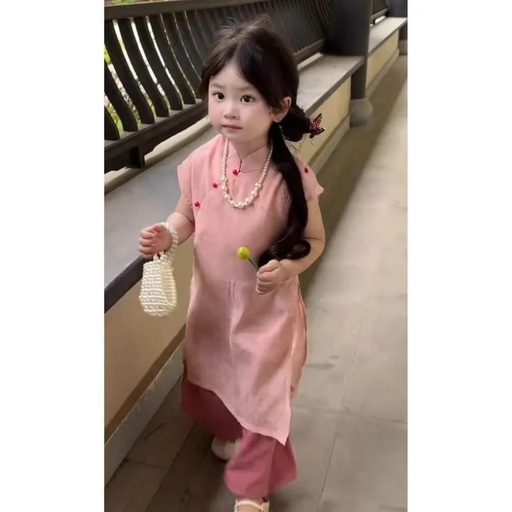 2025 Chinese Style Girls Princess Set Summer Dress & Anti-Mosquito Pants Toddler Kids Elegant Cheongsam Inspired Gauze Casual