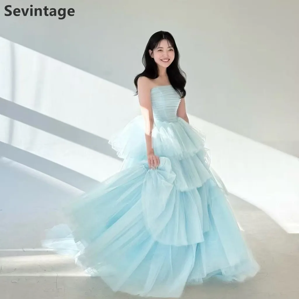 Sevintage 2025 une ligne bleu Tulle corée robe de soirée fée volants bretelles à plusieurs niveaux robe de bal robe de mariée personnalisée