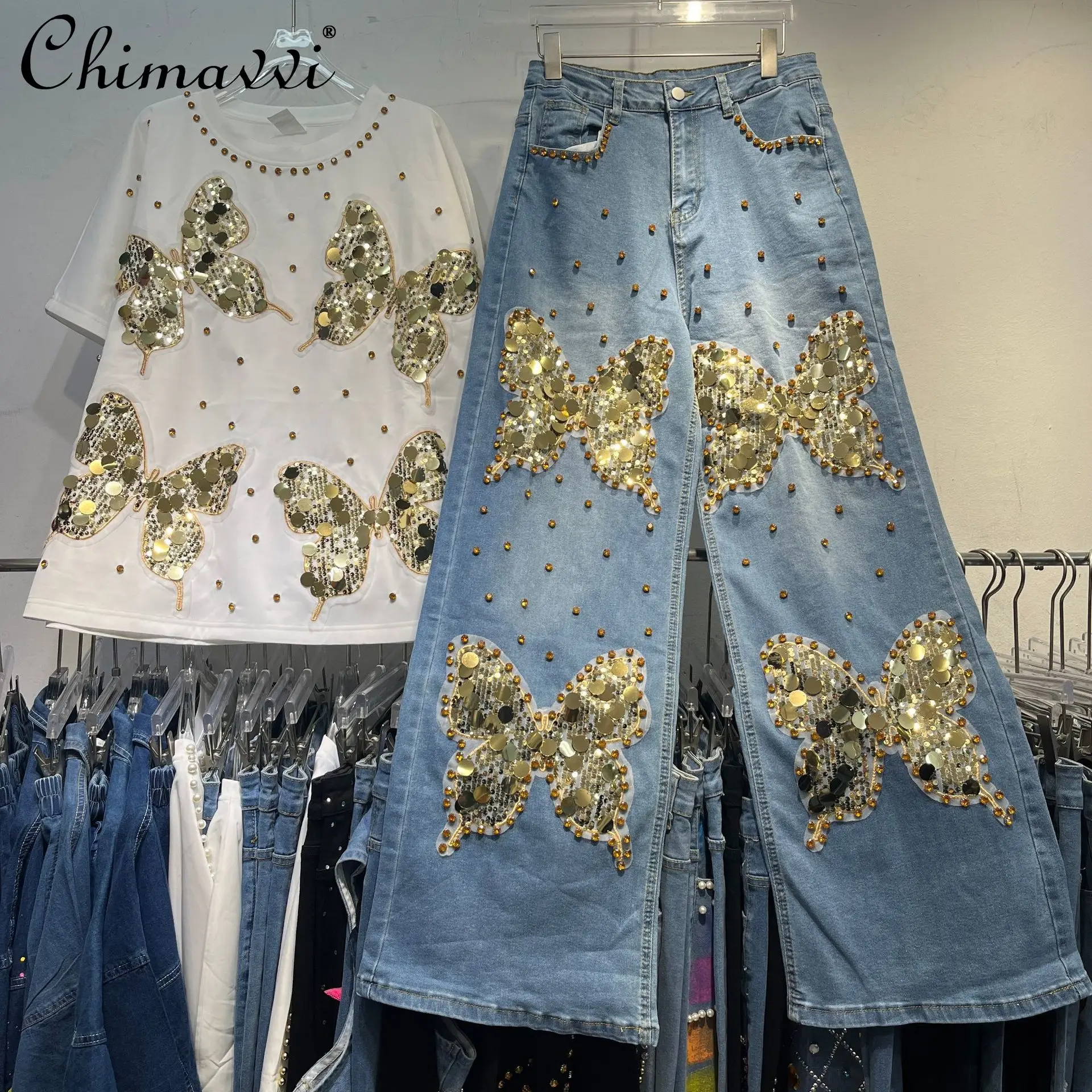 

European Beads Loose Large Size T-shirt Heavy Design Butterfly Sequins Wide Legs Thin Jeans Two-piece Set 2025 Summer New